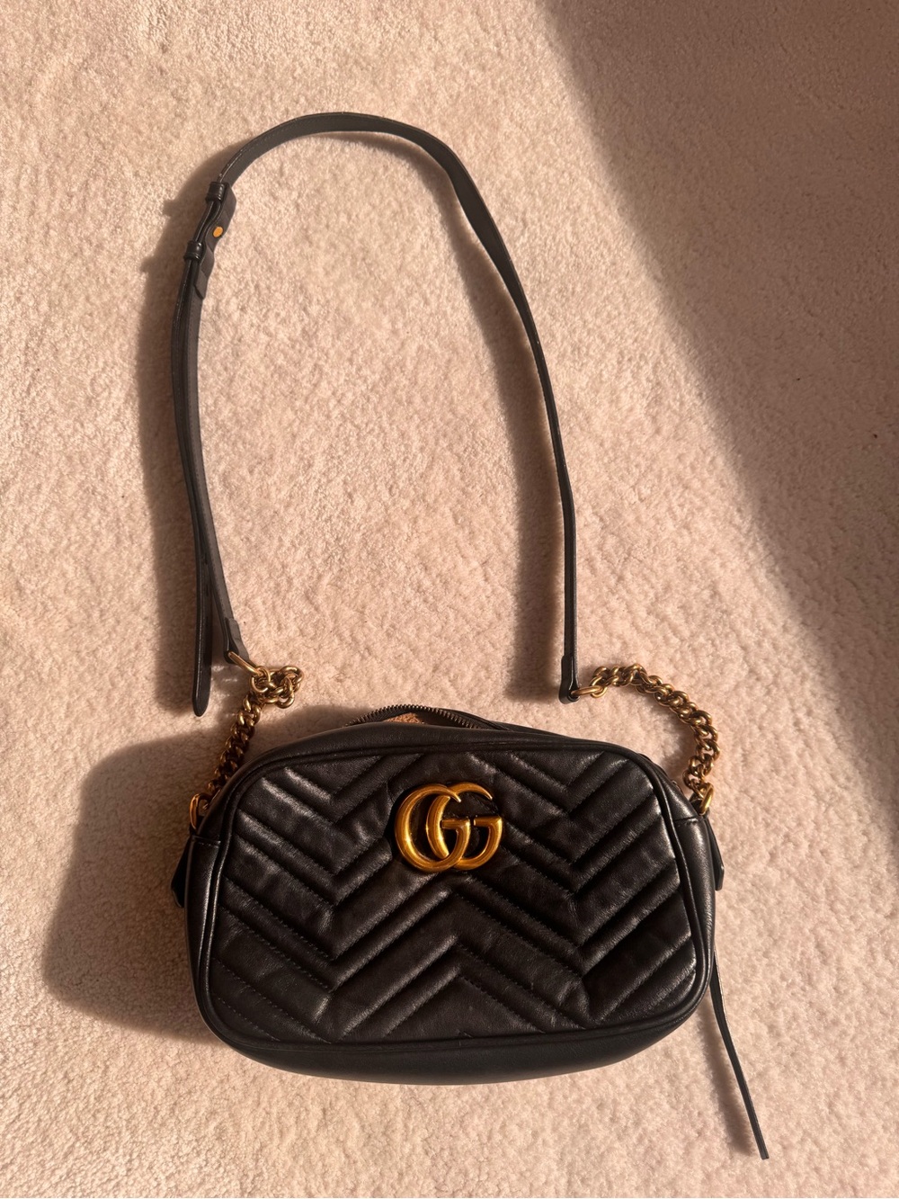 Gucci Black Quilted Chevron Crossbody with Gold Double G